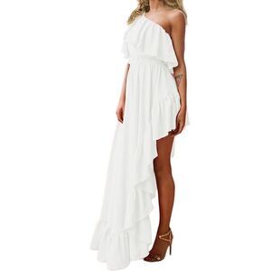 Summer Boho One Shoulder Sleeveless Ruffle Asymmetrical High Low Long Dress XL